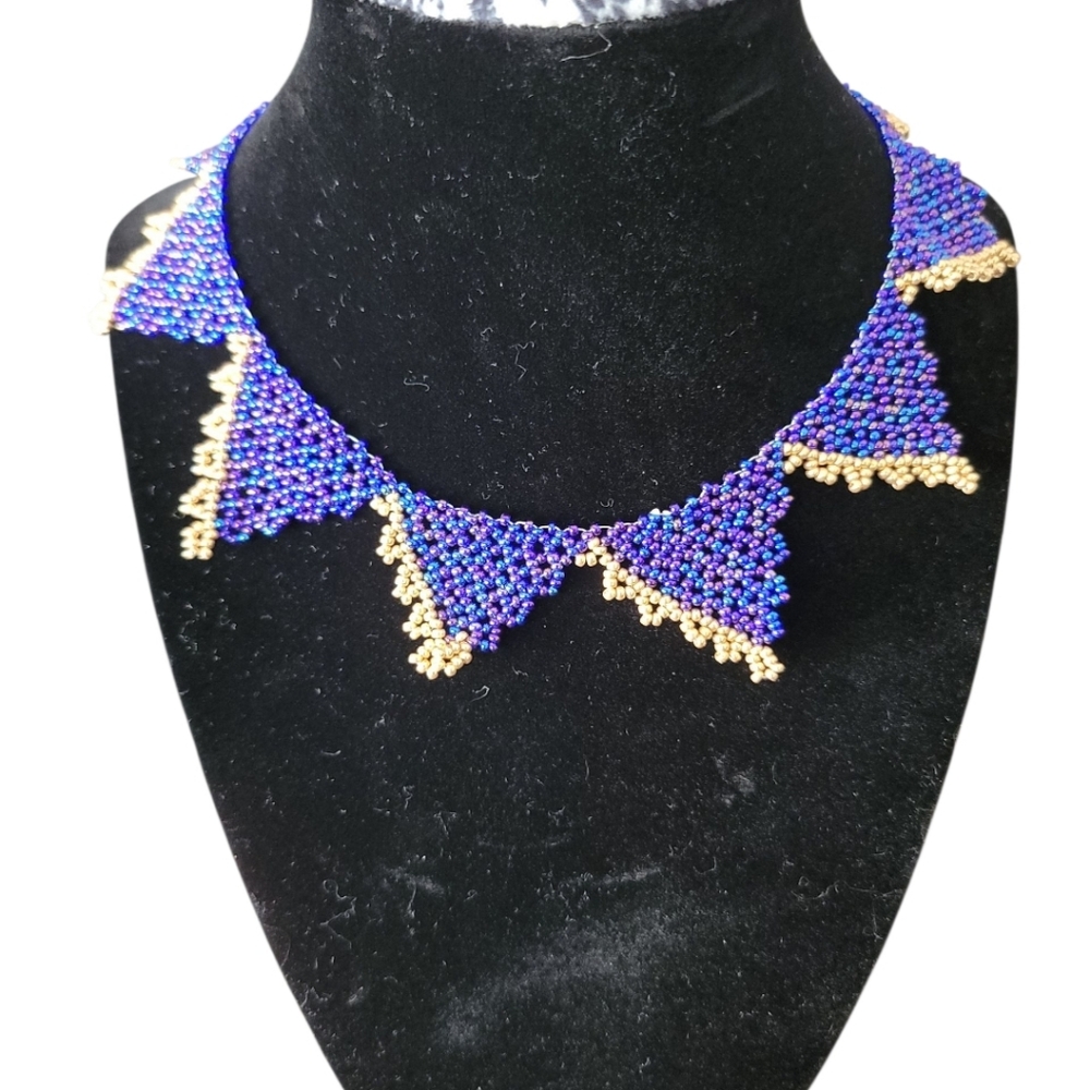 Artisan handmade beaded collar necklace with blue, purple, & gold beads